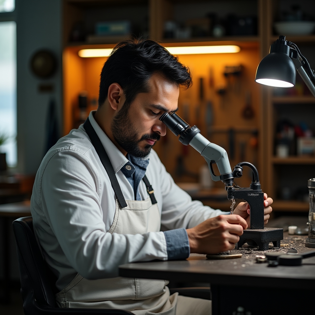 Ювелир за работой с лупой и инструментами